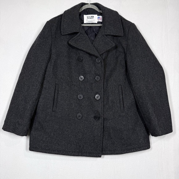 SCHOTT NYC Pea Coat Mens 48 Wool 740N Military Jacket Quilt Lined USA Dark Grey - Picture 1 of 14